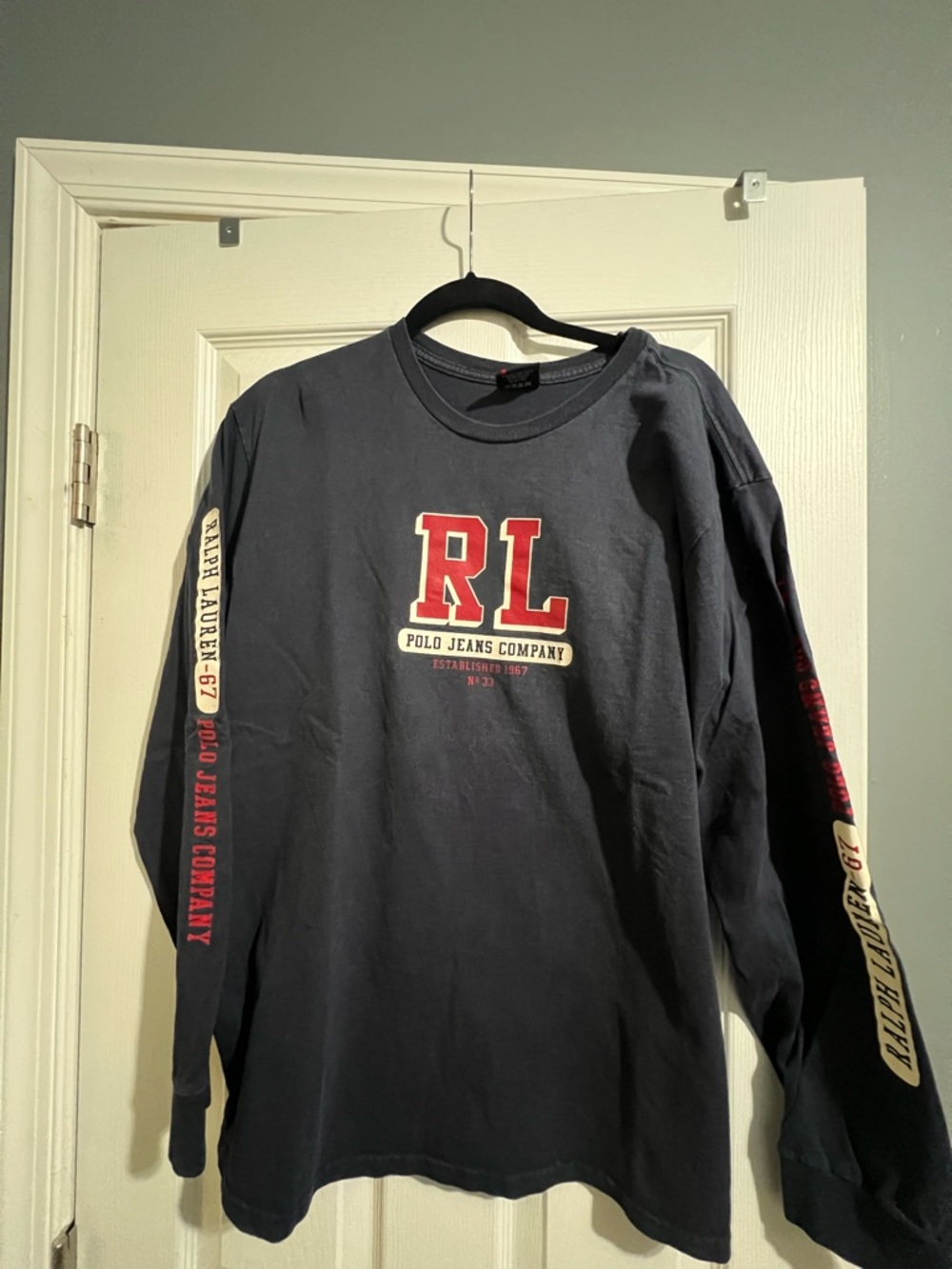 Ralph Lauren Navy Long Sleeve RL Polo Jeans Company Tee with Red Logo
